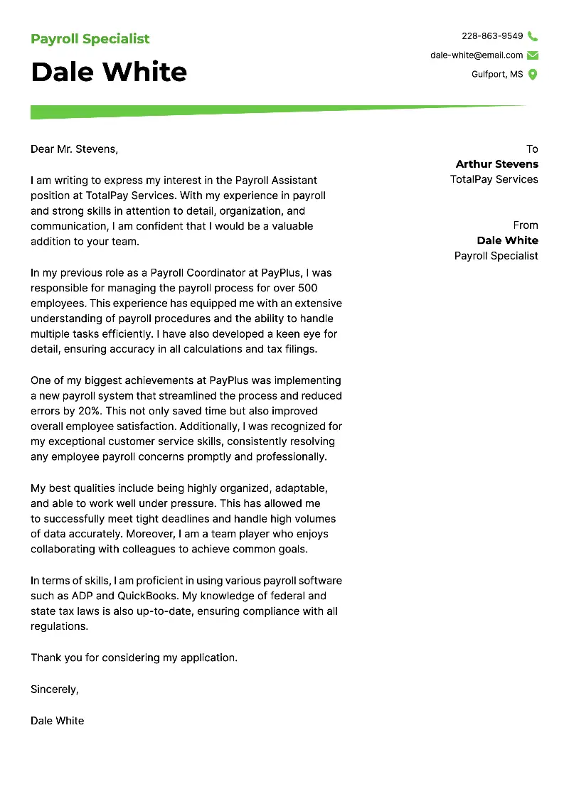 Payroll Specialist Cover Letter Payroll Specialist Cover Letter