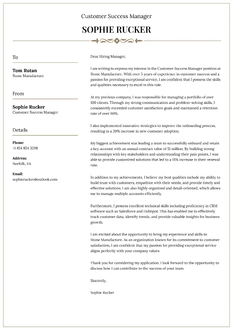 Customer Success Manager Cover Letter Customer Success Manager Cover Letter