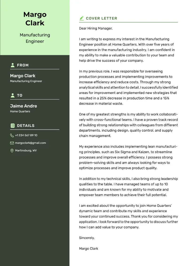Manufacturing Engineer Cover Letter Manufacturing Engineer Cover Letter