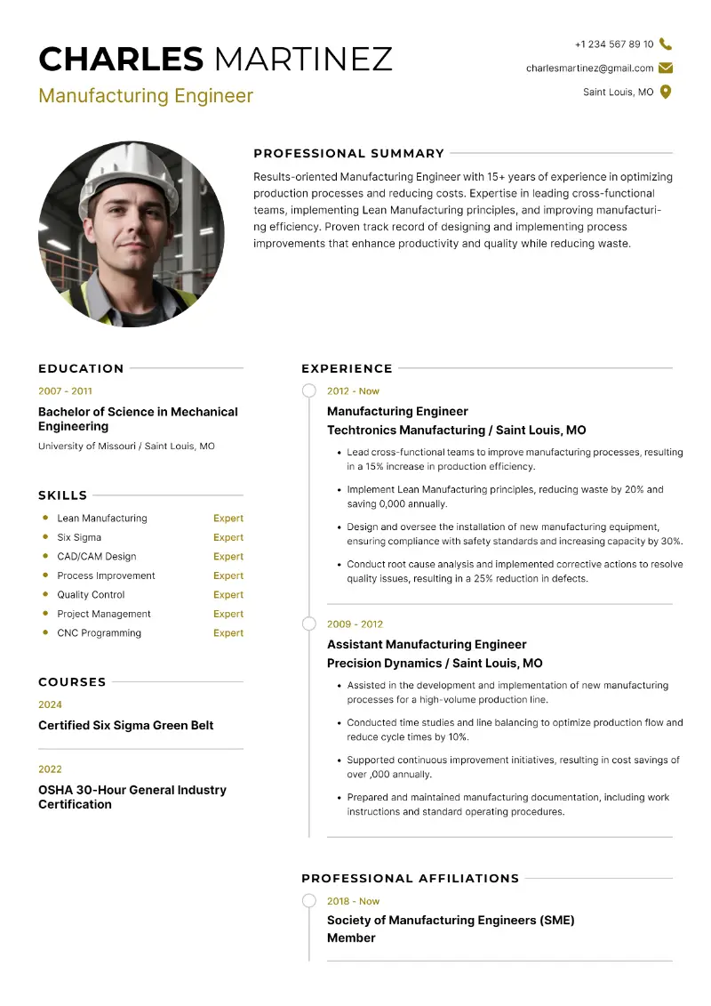 Manufacturing Engineer Resume Examples for 2024