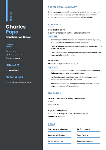 Construction Driver Resume Construction Driver Resume