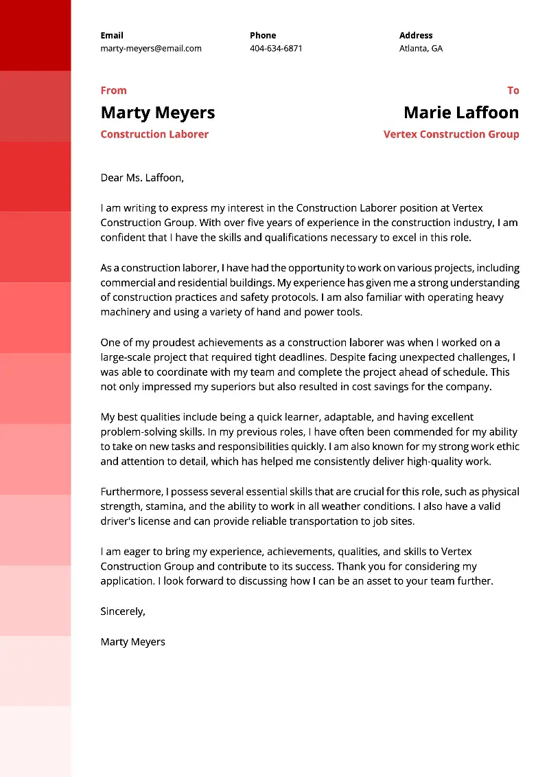 Construction Laborer Cover Letter
