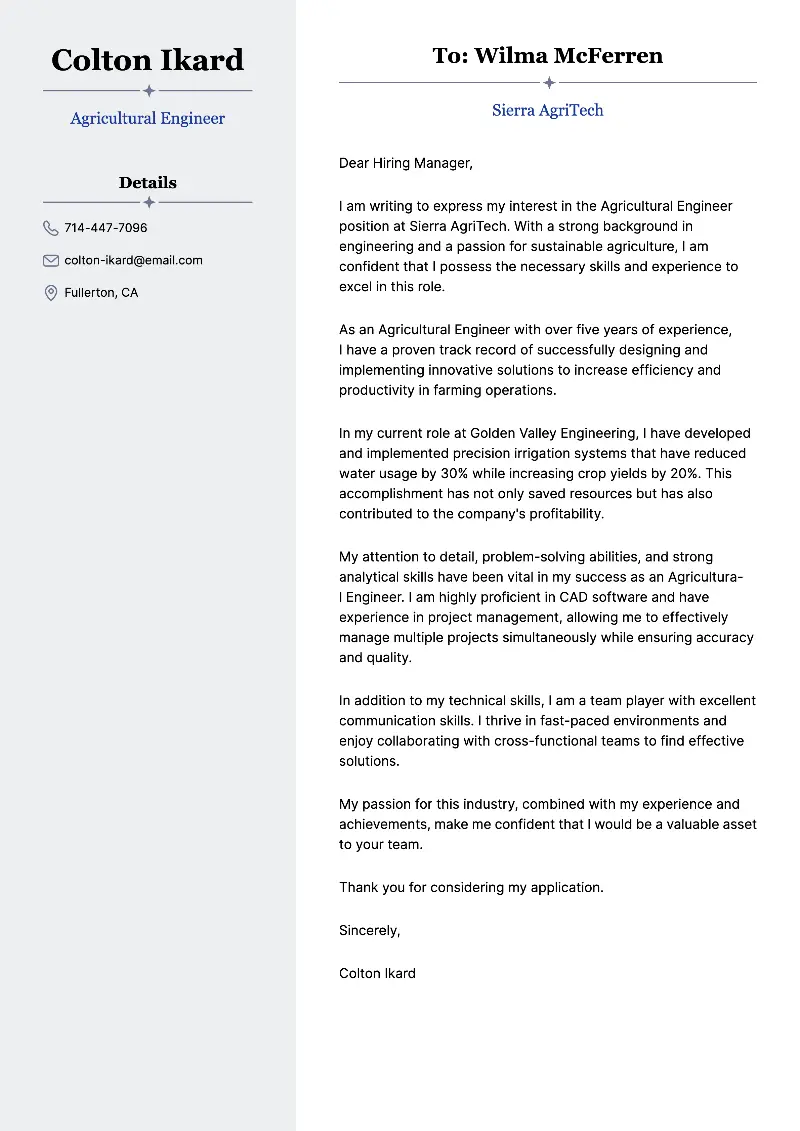 Agricultural Engineer Cover Letter Agricultural Engineer Cover Letter