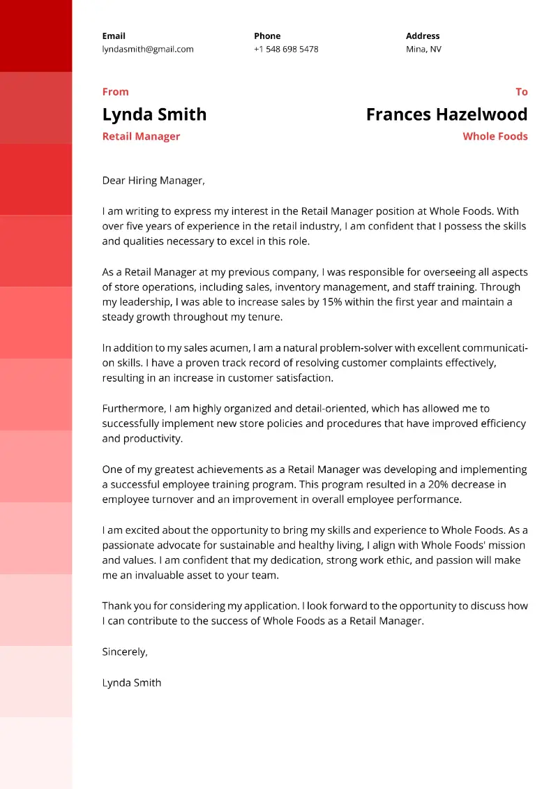 Retail Manager Cover Letter Retail Manager Cover Letter