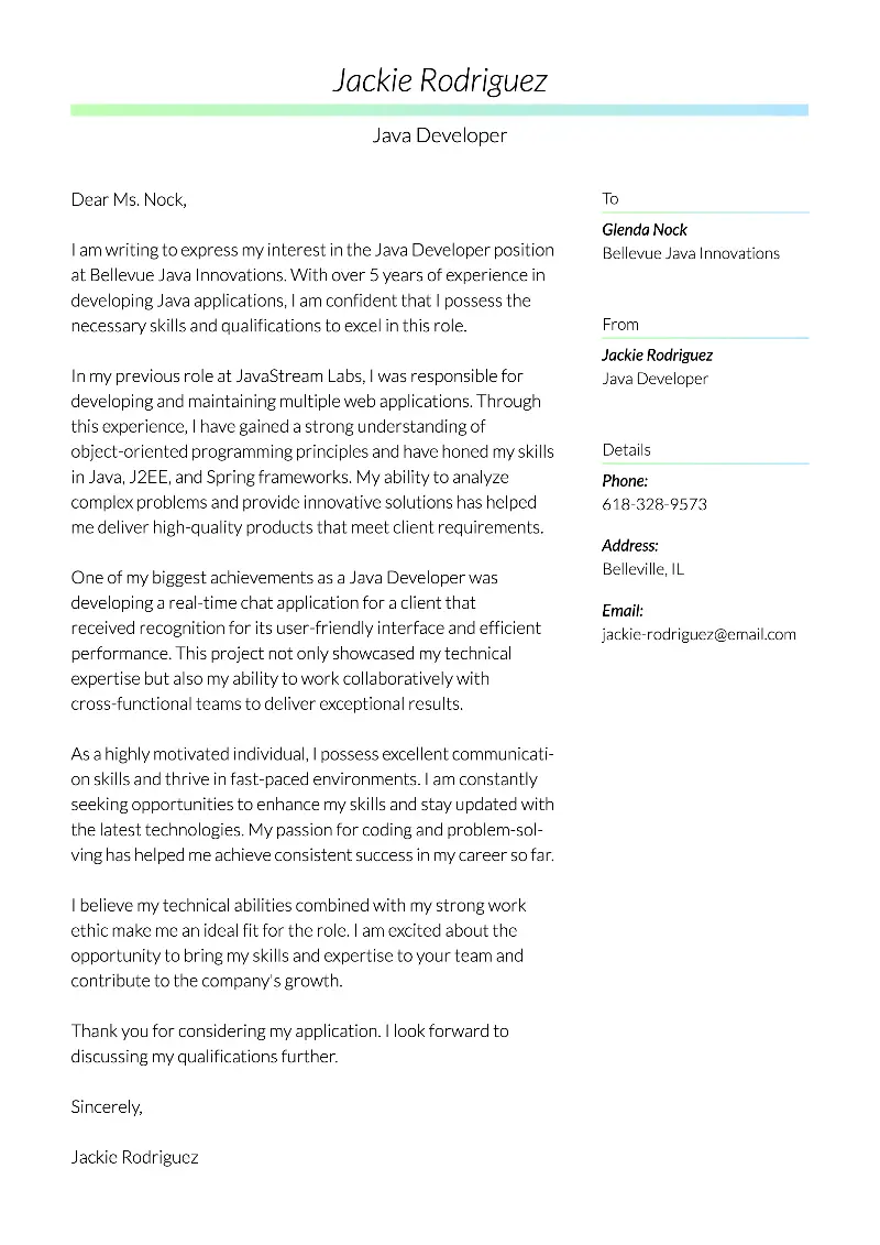 Java Developer Cover Letter Java Developer Cover Letter