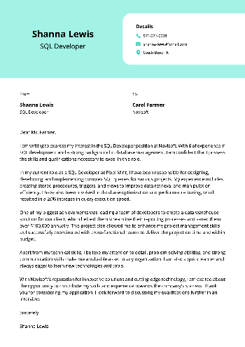 SQL Developer Cover Letter Example SQL Developer Cover Letter Example