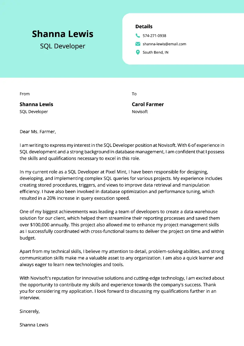 SQL Developer Cover Letter SQL Developer Cover Letter