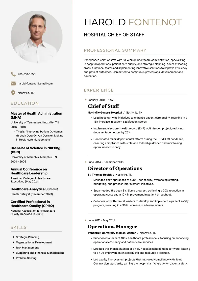 Hospital Chief of Staff Resume