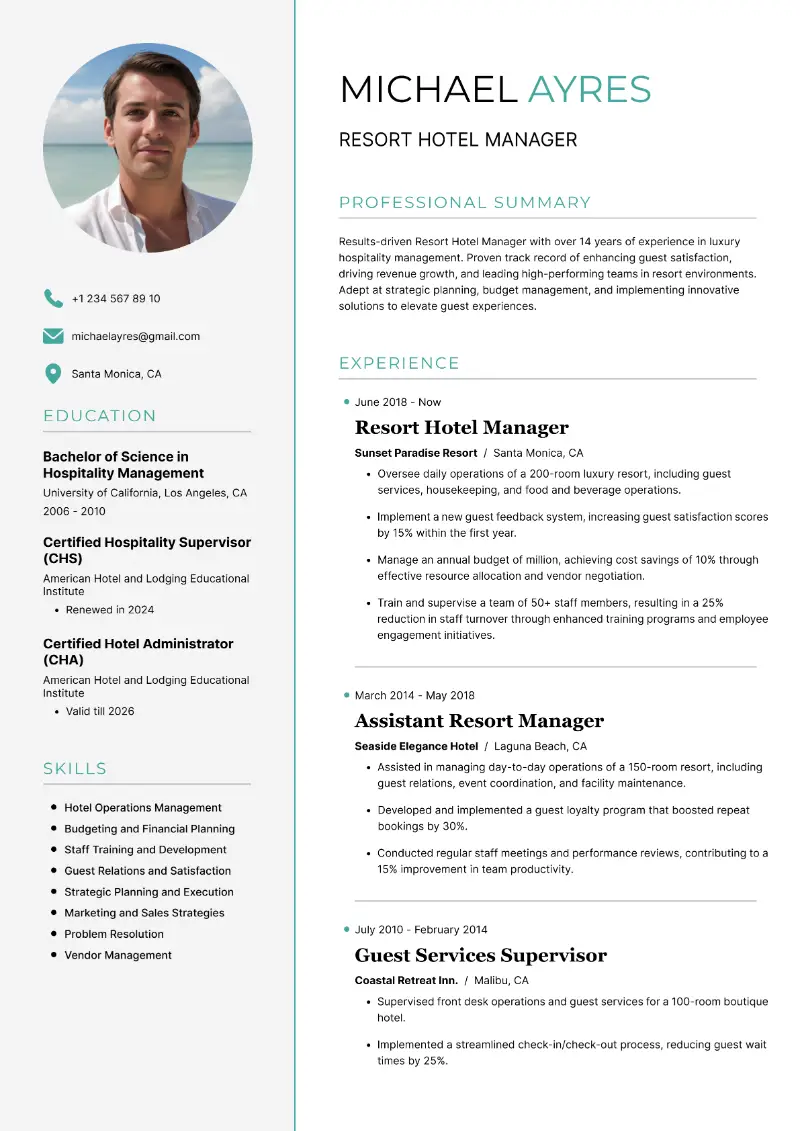 Resort Hotel Manager Resume Resort Hotel Manager Resume