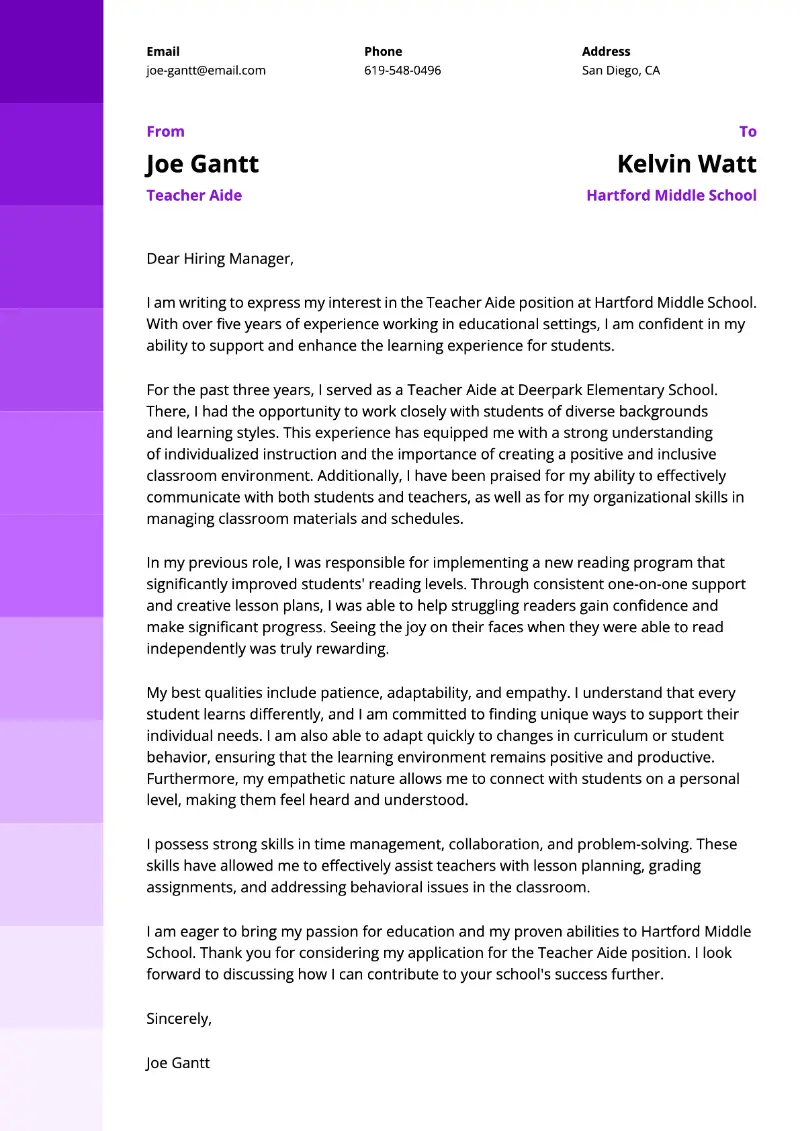 Teacher Aide Cover Letter Teacher Aide Cover Letter