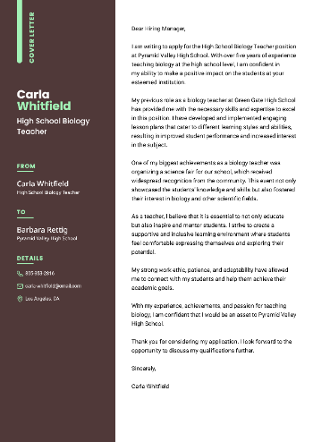 High School Biology Teacher Cover Letter Sample High School Biology Teacher Cover Letter Sample