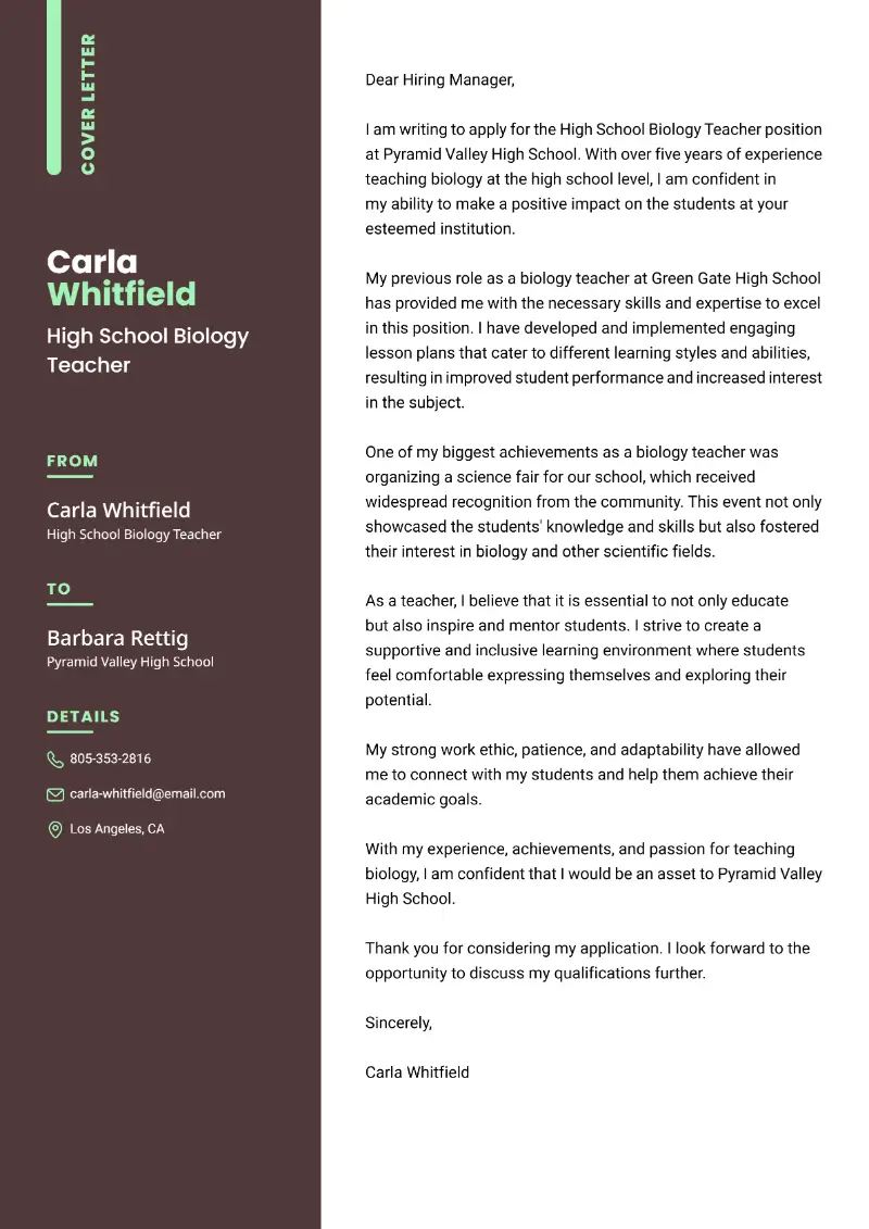 High School Biology Teacher Cover Letter High School Biology Teacher Cover Letter