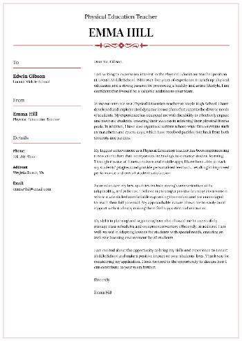 Physical Education Teacher Cover Letter Physical Education Teacher Cover Letter