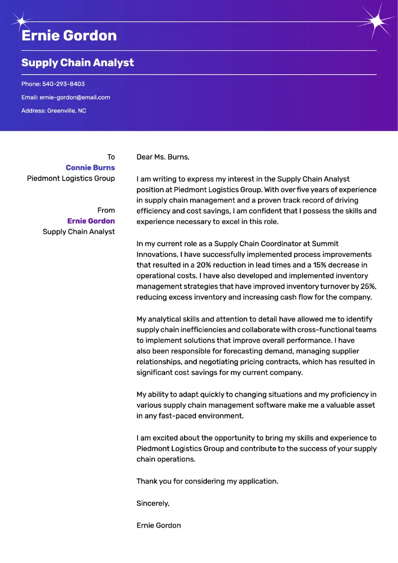 Supply Chain Analyst Cover Letter Supply Chain Analyst Cover Letter