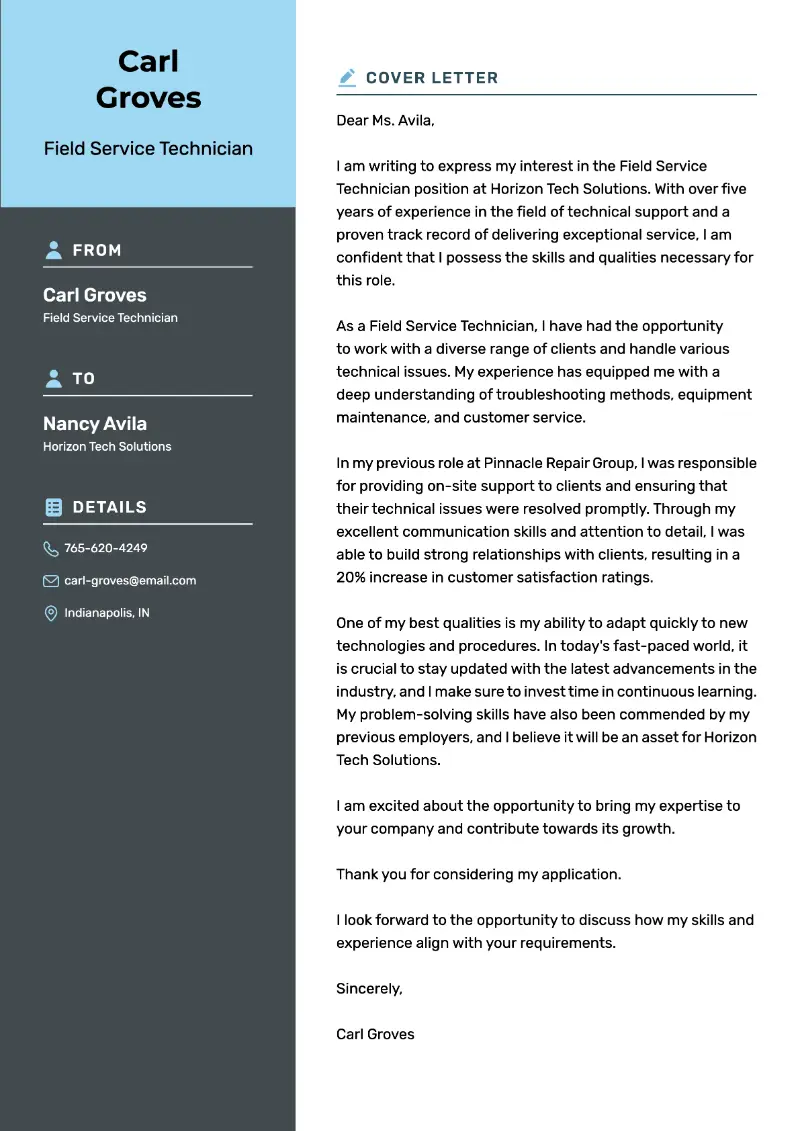 Field Service Technician Cover Letter Field Service Technician Cover Letter