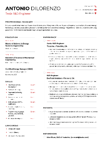 Tesla R&D Engineer Resume