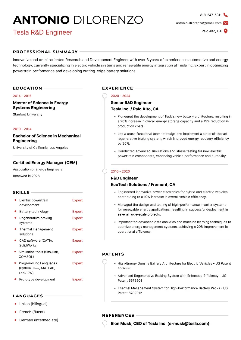 Tesla R&D Engineer Resume Tesla R&D Engineer Resume