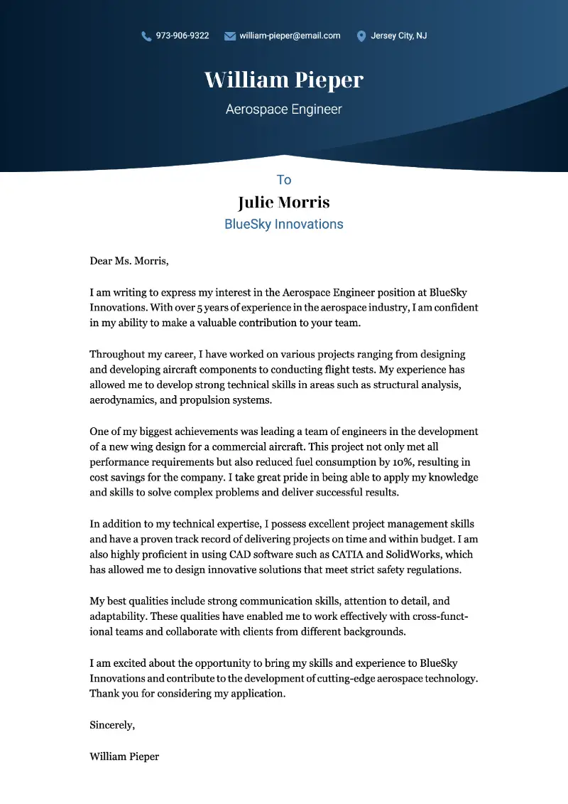 Aerospace Engineer Cover Letter Aerospace Engineer Cover Letter