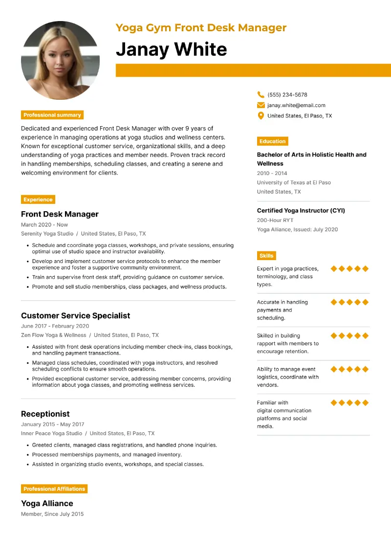 Yoga Gym Front Desk Manager Resume Yoga Gym Front Desk Manager Resume
