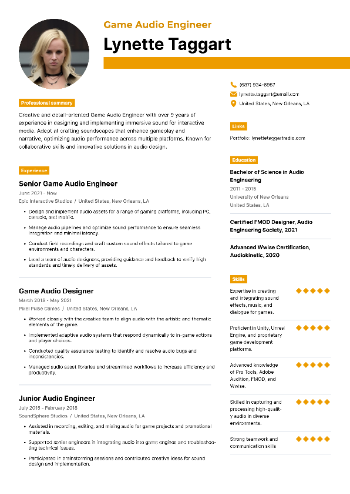 Game Audio Engineer Resume Sample