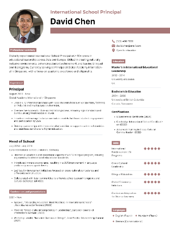 International School Principal Resume