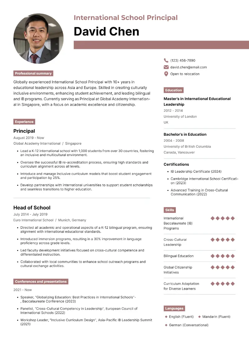 International School Principal Resume