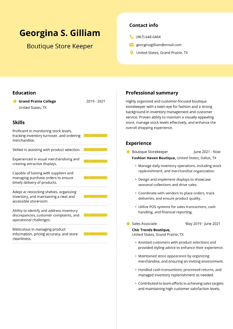 Boutique Store Keeper Resume