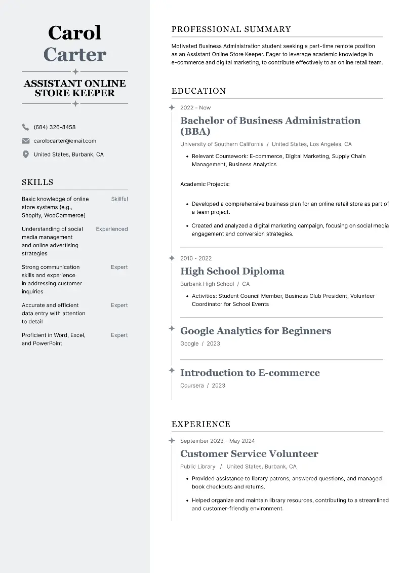Assistant Online Store Keeper Resume
