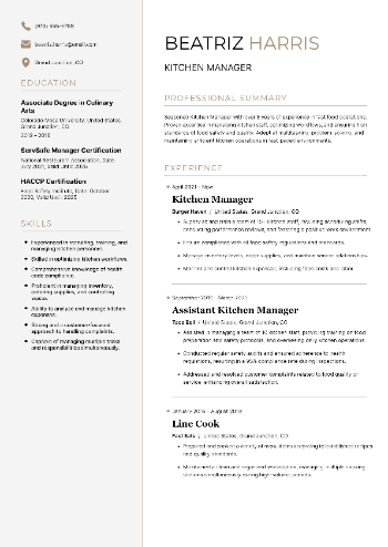 Kitchen Manager Resume