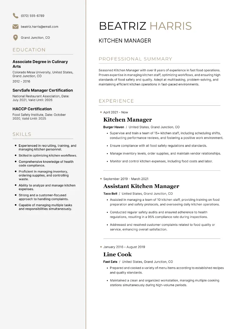 Kitchen Manager Resume