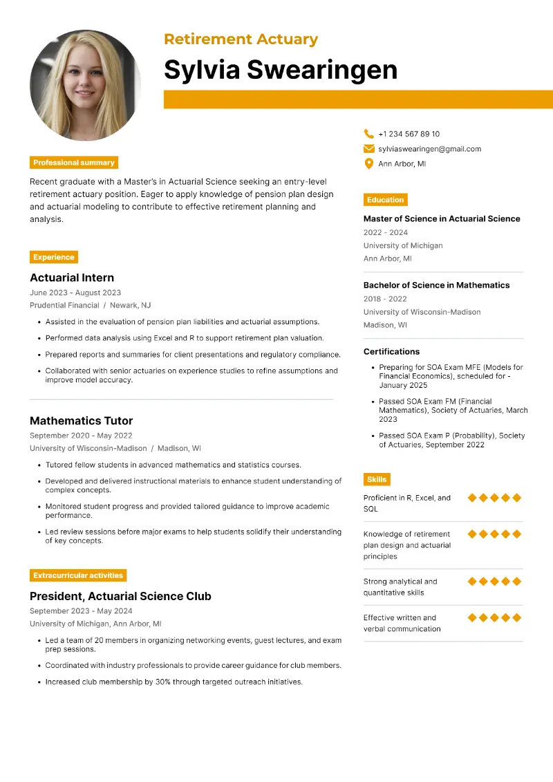 Retirement Actuary Resume