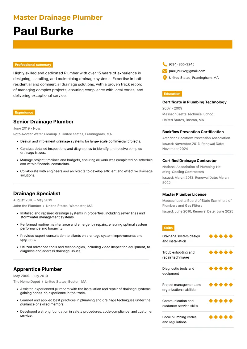 Plumber Resume Examples + Writing Tips for 2024