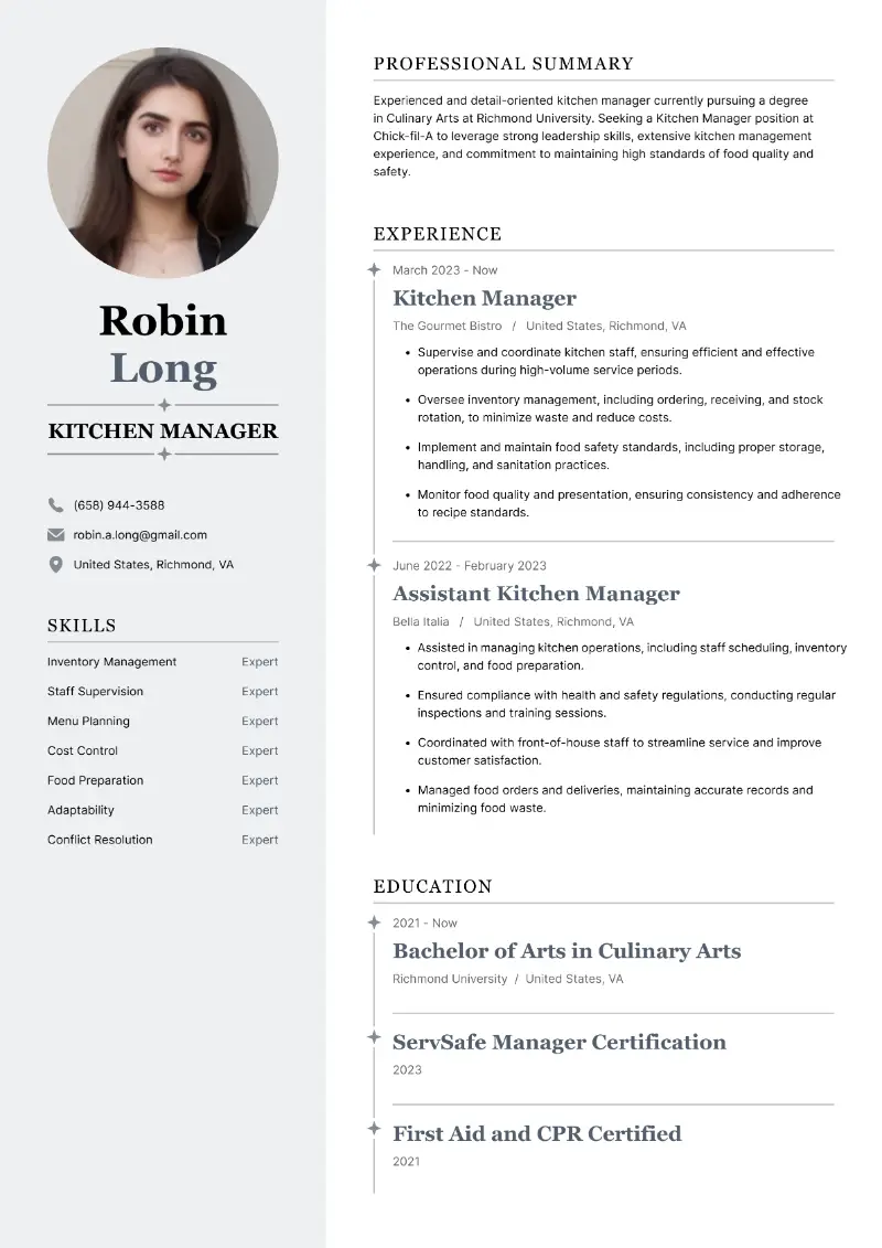 Kitchen Manager Resume