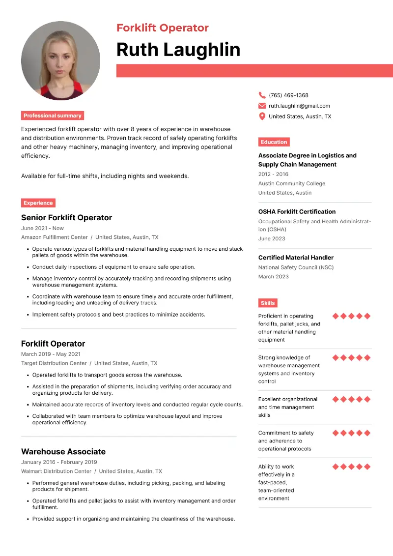 Forklift Operator Resume