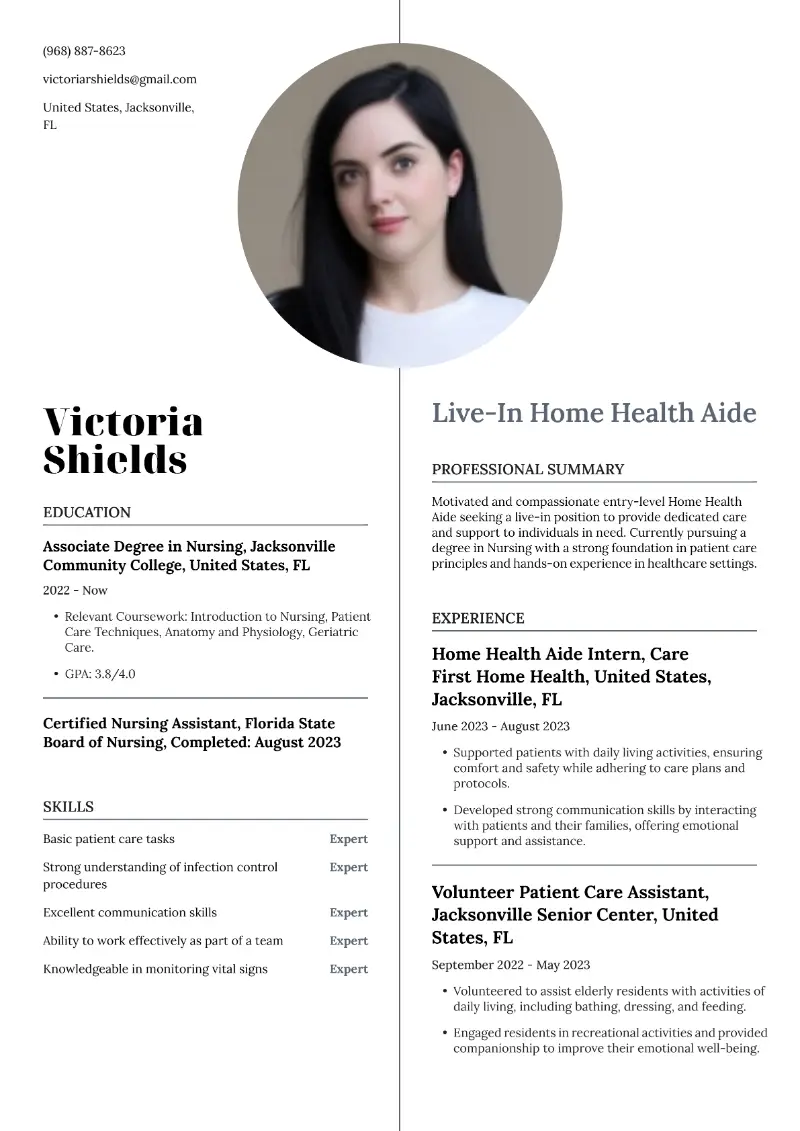 Live-In Home Health Aide Resume Live-In Home Health Aide Resume