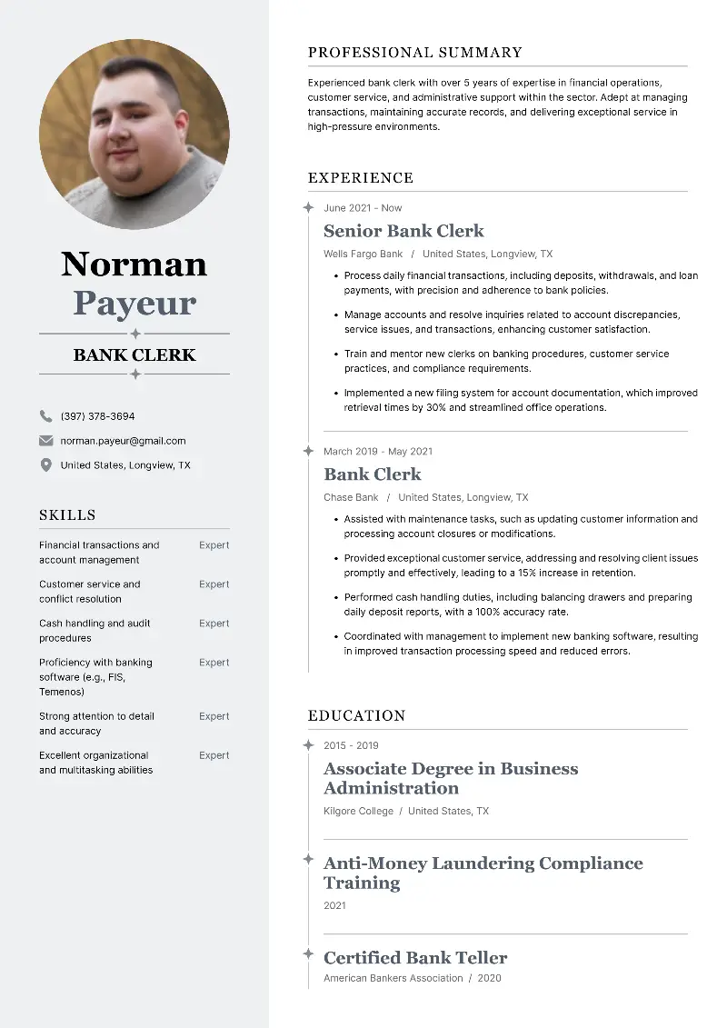 Bank Clerk Resume