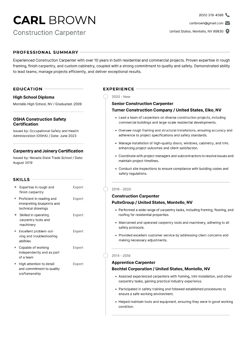 Carpenter Resume Examples and Templates for 2024