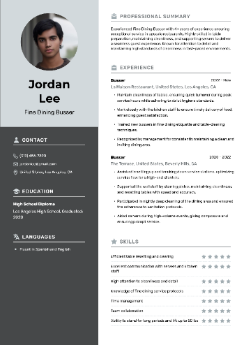 Fine Dining Busser Resume Example