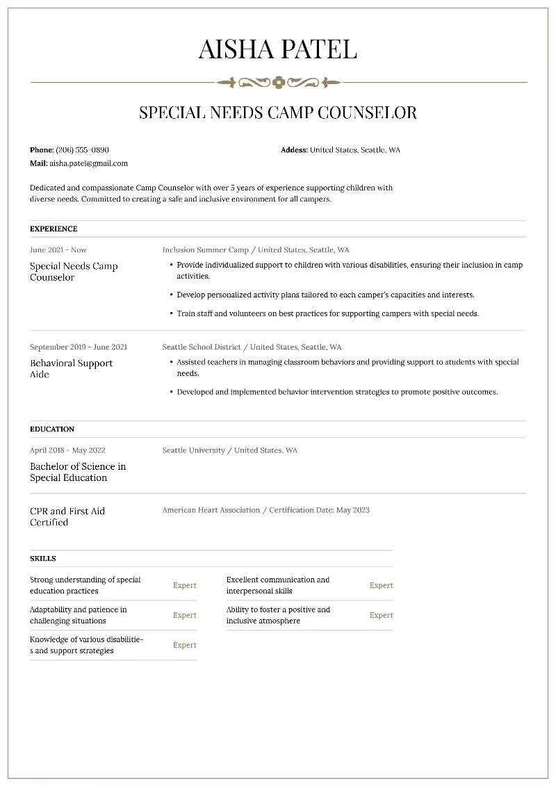 Special Needs Camp Counselor Resume Special Needs Camp Counselor Resume