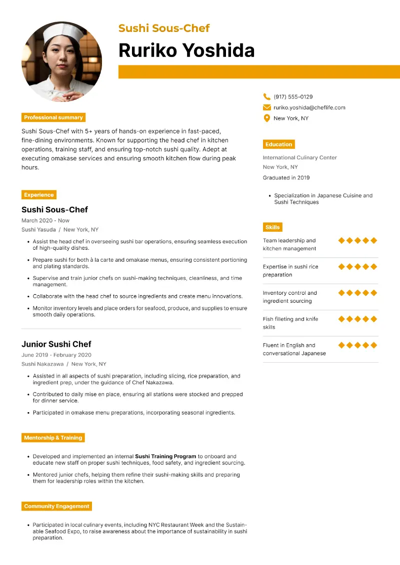 Sushi Sous-Chef Resume