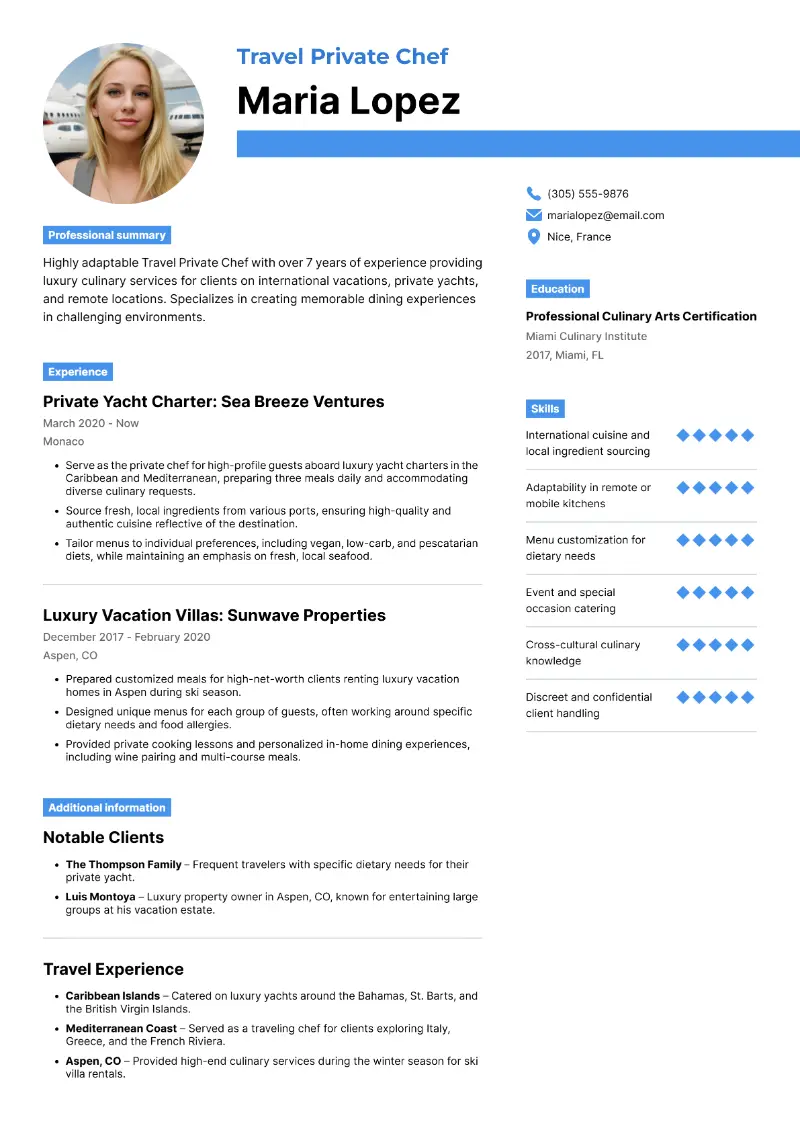 Travel Private Chef Resume Travel Private Chef Resume
