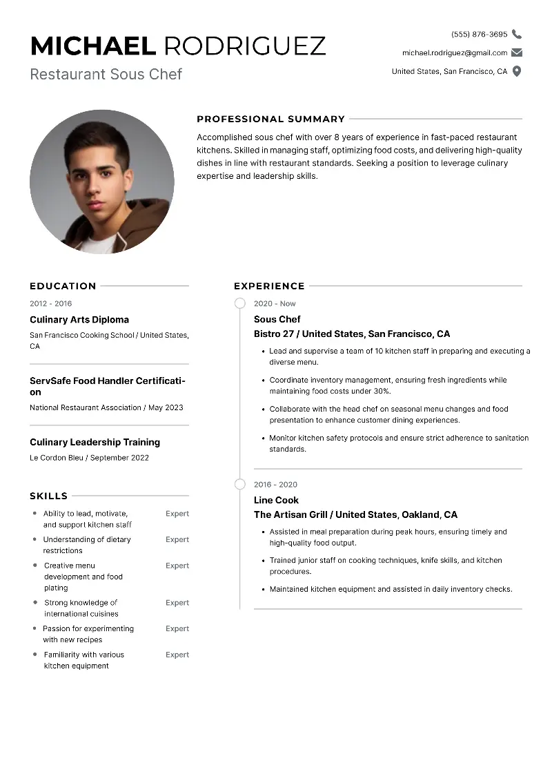 Sous Chef Resume Examples & Guide for 2024