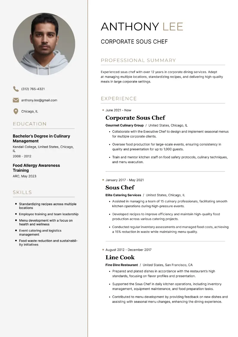 Corporate Sous Chef Resume Corporate Sous Chef Resume