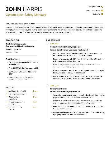 Construction Safety Manager Resume Construction Safety Manager Resume
