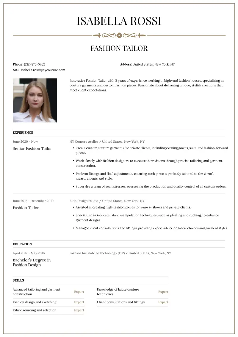 Fashion Tailor Resume Fashion Tailor Resume