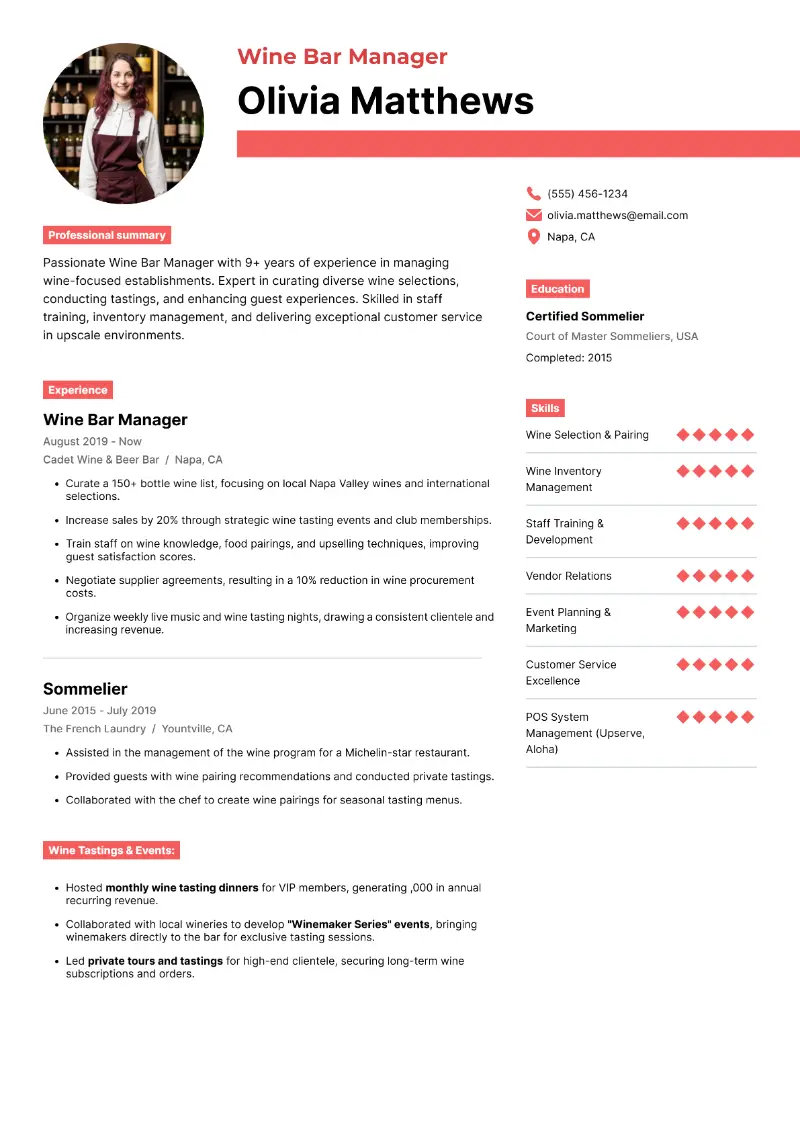 Wine Bar Manager Resume Wine Bar Manager Resume