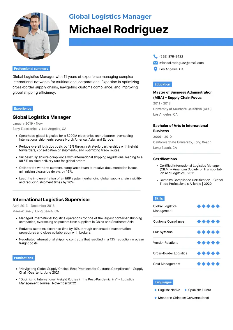Global Logistics Manager Resume