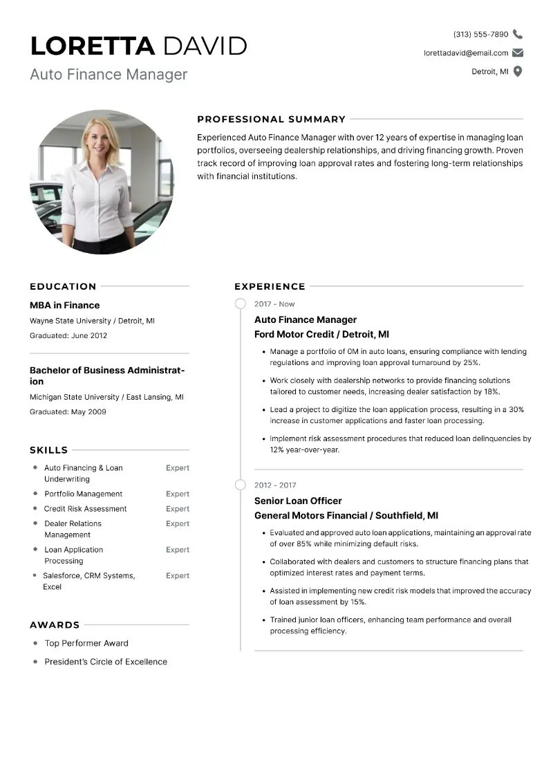 Auto Finance Manager Resume