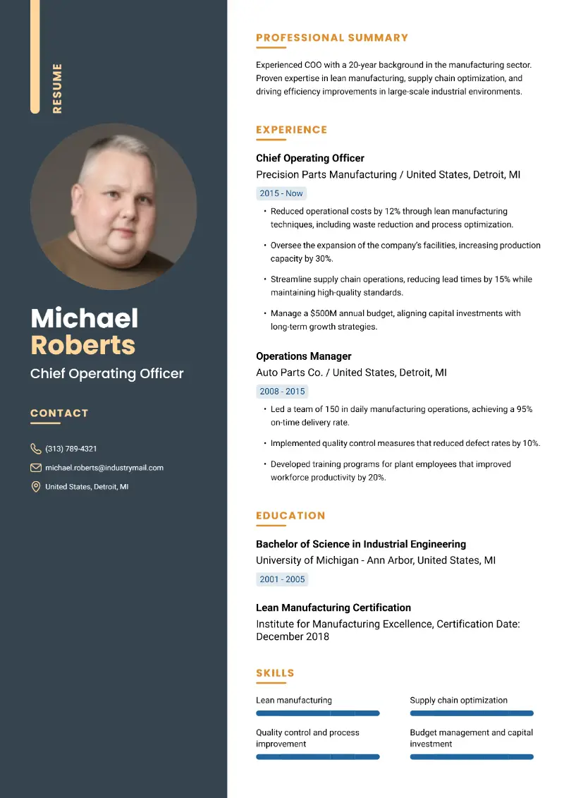 Chief Operating Officer Resume