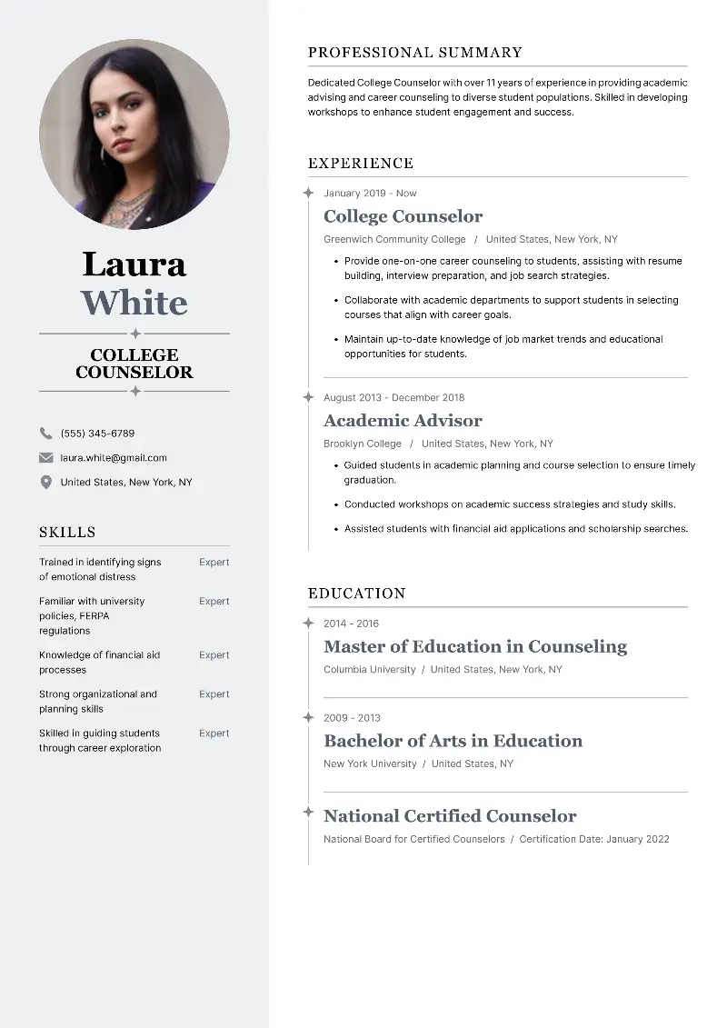 College Counselor Resume